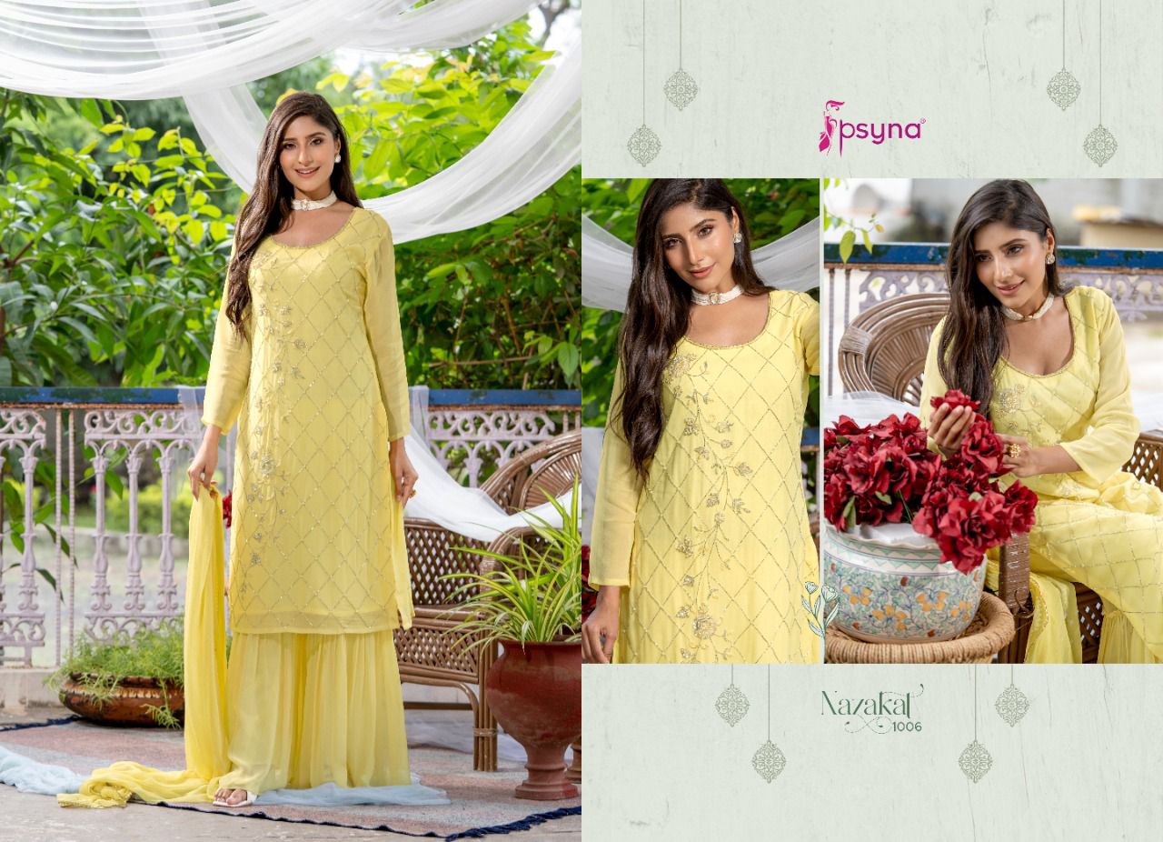 Psyna Nazakat Beautiful Fancy Georgette Festive Wear Kurti Sharara With Dupatta Collection